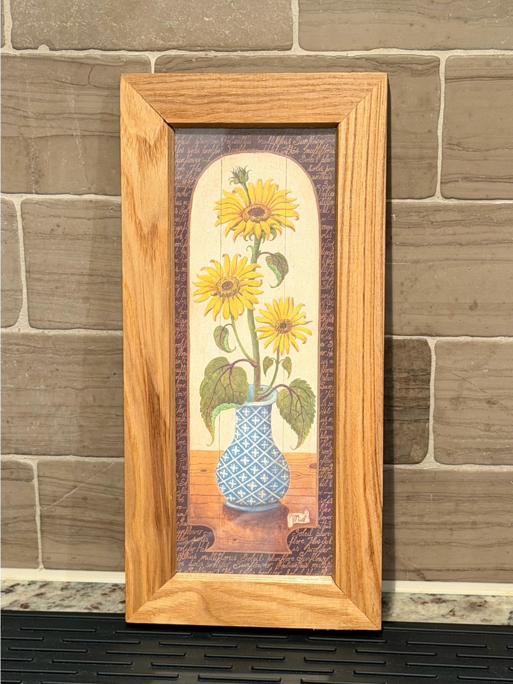 VTG 90s Framed Sunflower Art Print Blue White Vase Solid Oak Frame Cottagecore